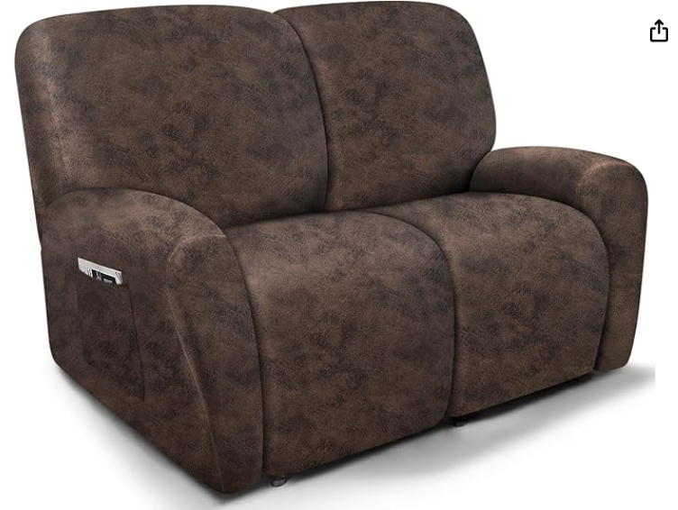 Brown upholstered loveseat with a built-in control panel on the side.
