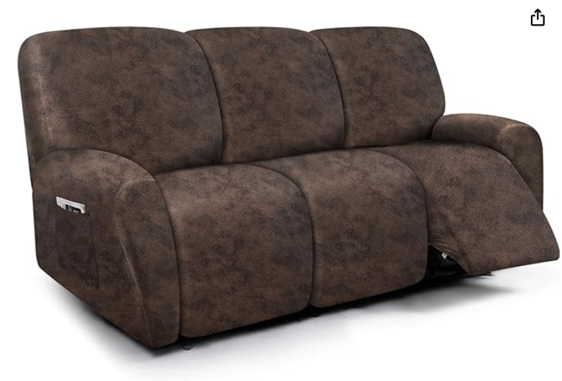 Brown fabric recliner sofa with three seats and a lever on the side for reclining.
