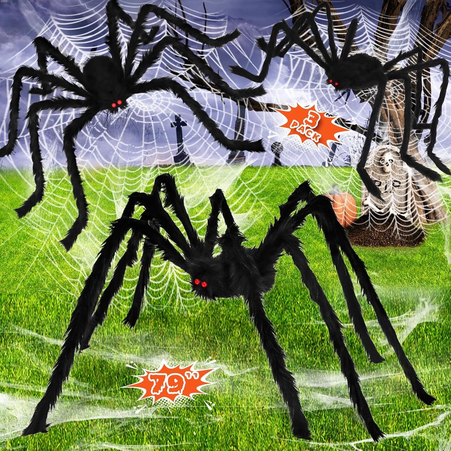 Halloween Decorations Outdoor Giant Spiders: 3 Pack Scary Fake Spider Decor | Large Realistic Black Hairy Halloween Spider - Halloween Decor Indoor Yard Lawn Party Holiday Scary Props (79", 59”, 35”)