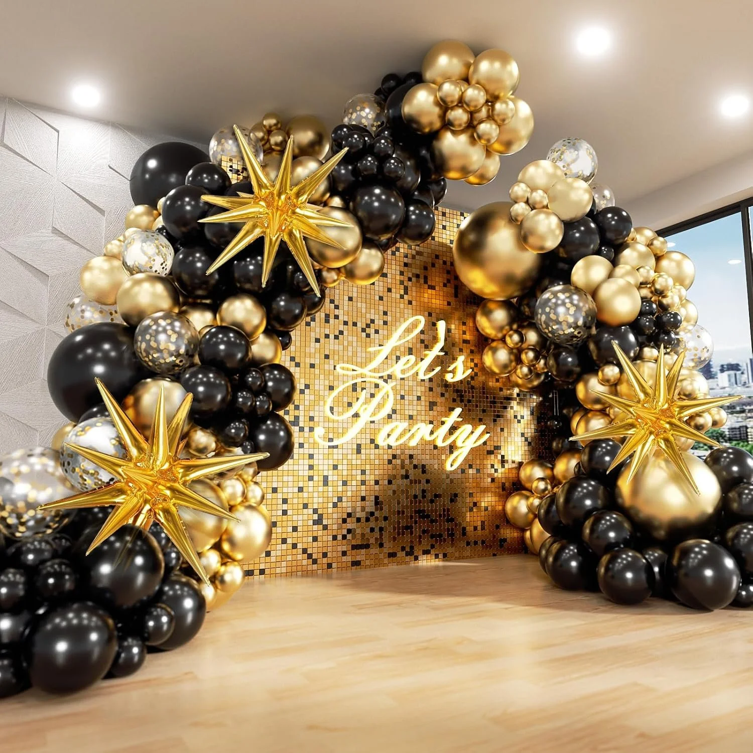 Black and Gold Balloons Garland Arch Kit with Black Gold Confetti Balloons