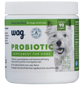 Container of Wag Probiotic supplement for dogs with an image of a dog and green label indicating 90 chews and natural duck flavor.