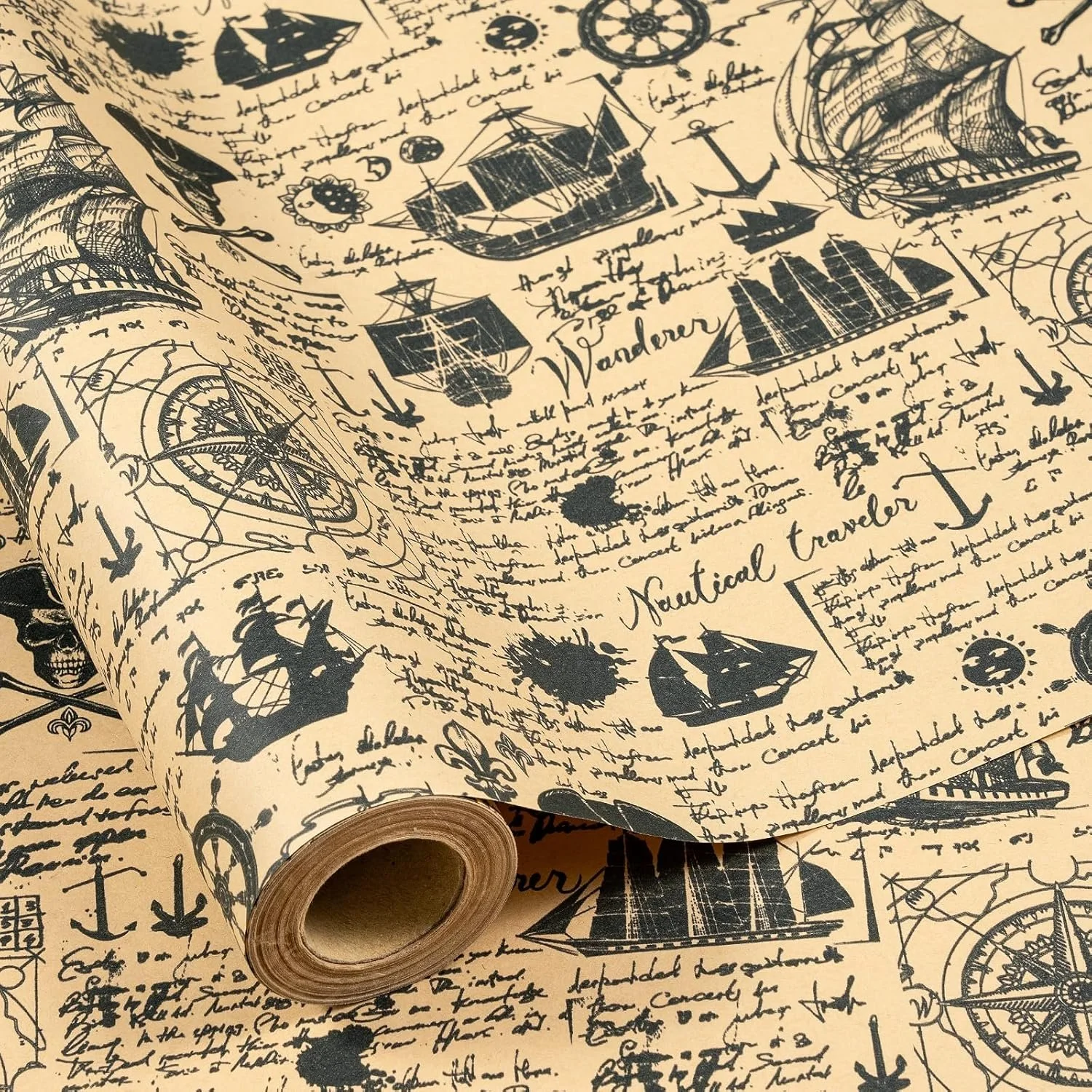 RUSPEPA Vintage Kraft Nautical Wrapping Paper Roll, Mini Roll, Pirate Ship, Compass, Anchor & Map Design, Black Kraft Gift Wrap for Traveller, Birthday, Pirate Party, Adventure, 17 In x 16.4 Ft