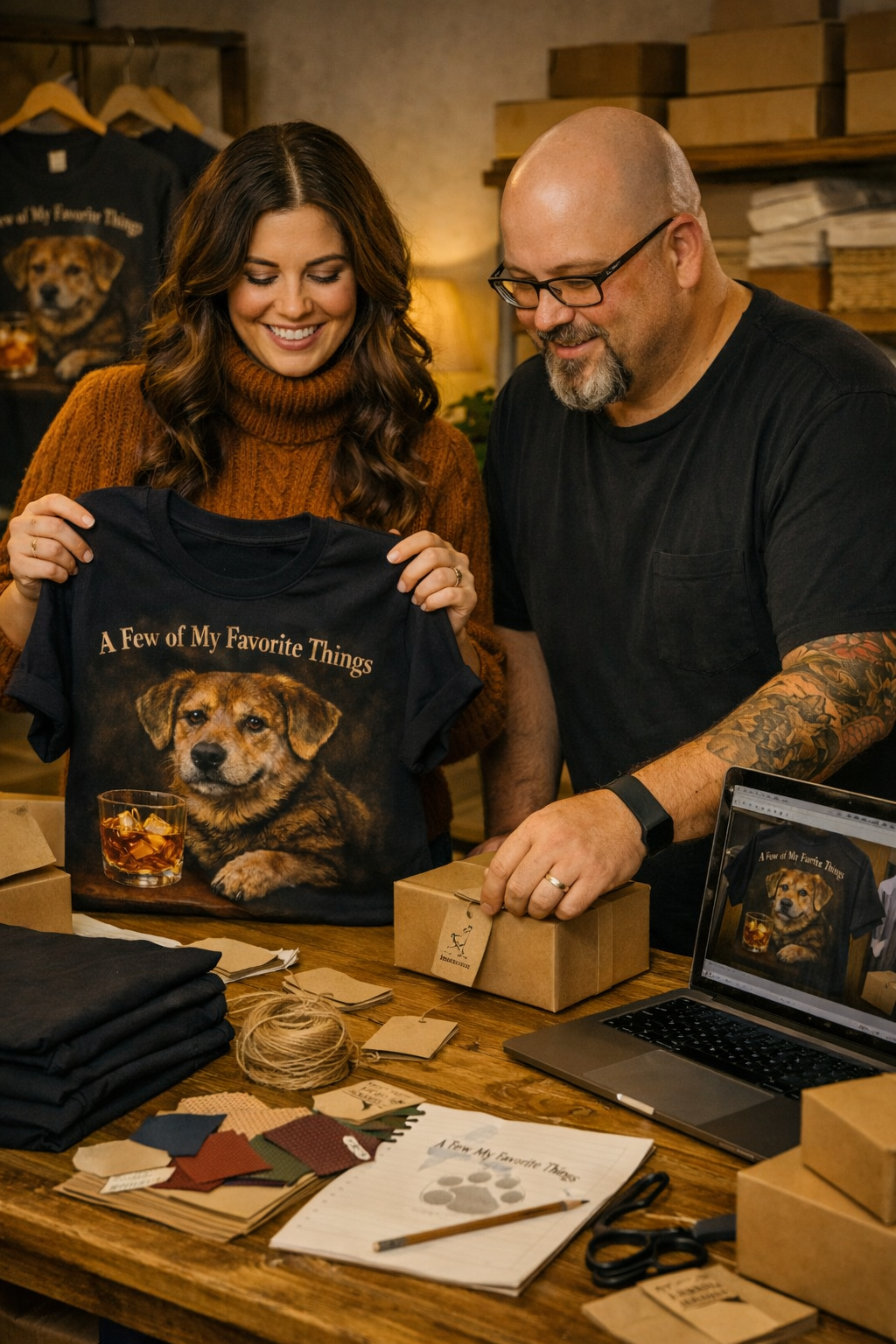 A man and a woman smiling as they display a black T-shirt with a puppy's image and the text "A Few of My Favorite Things." The woman holds the T-shirt, and the man is wrapping a gift box on a wooden table with craft supplies and a laptop showing the same T-shirt image.