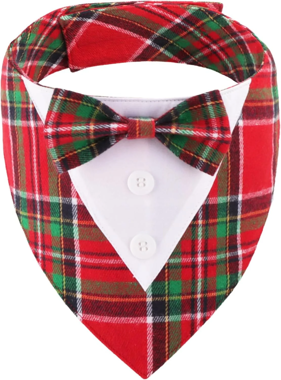 Christmas Dog Tuxedo Bandana, Red Green Plaid Pet Xmas Collar with Bow, Adjustable Christmas Costume for Small Dogs (S)