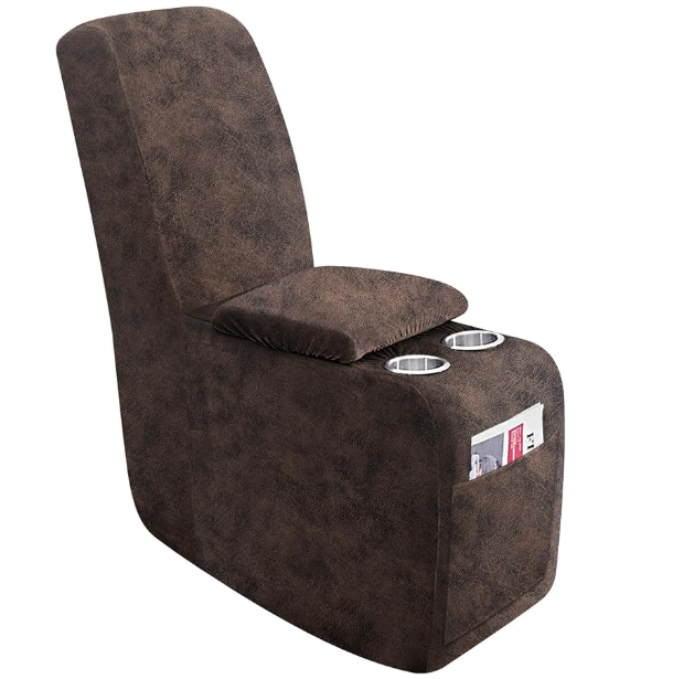 A brown upholstered massage chair with a cushioned headrest, two cup holders, and a pocket containing magazines.
