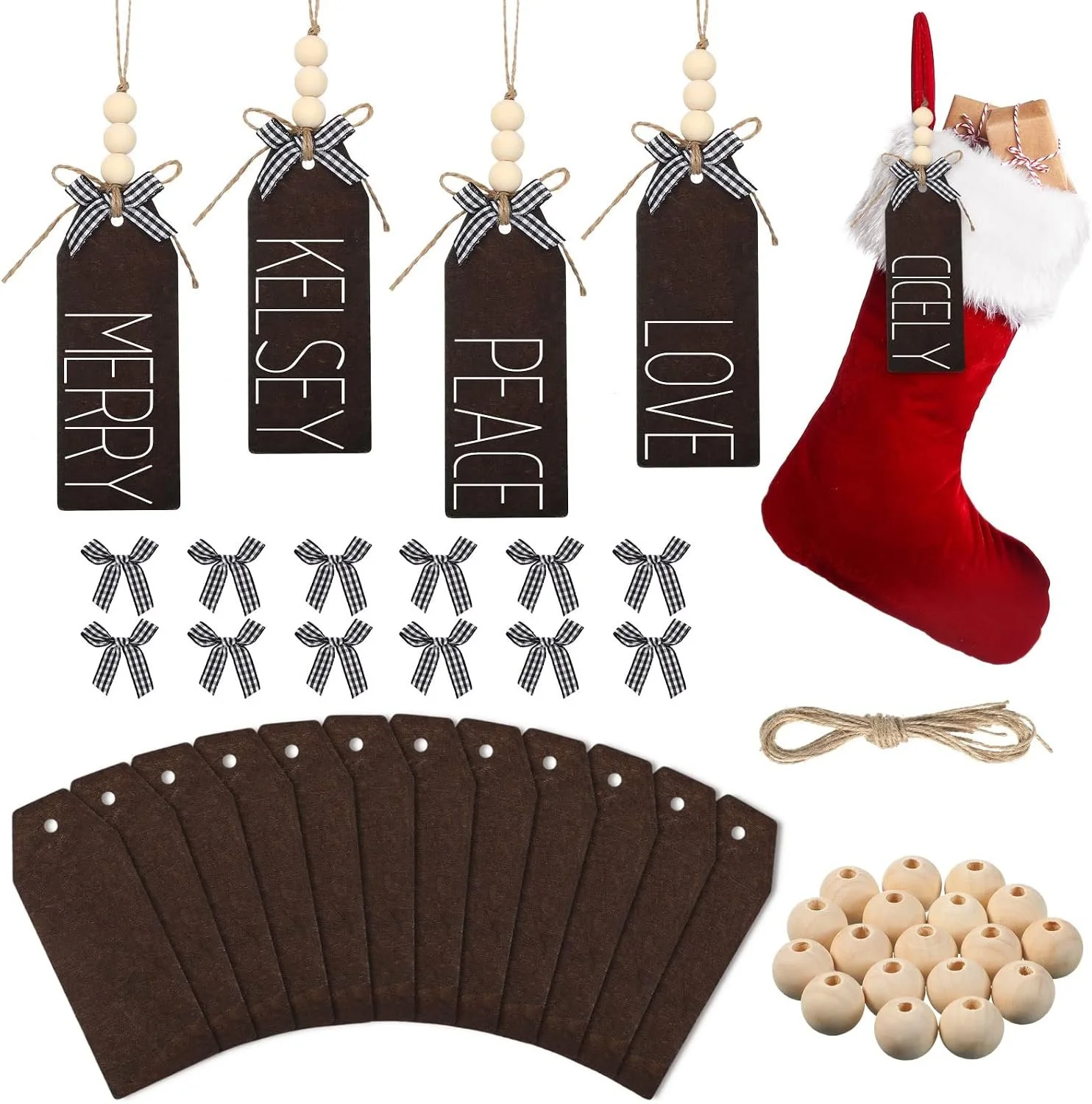 Jetec 12 Pieces Christmas Wood Stocking Name Tags DIY Stocking Signs Personalized Farmhouse Name Tag with Buffalo Check Bows for Christmas Closet Xmas Hanging Decoration (Dark Color)
