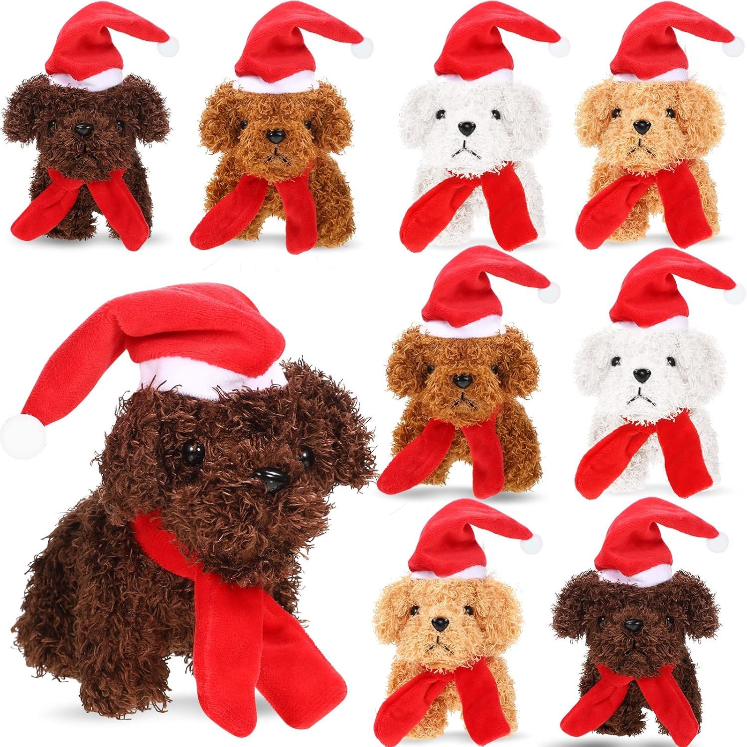 Aoriher 8 Pcs Christmas Stuffed Dog 5.5 Inch Christmas Puppy Mini Stuffed Puppy with Santa Hat Small Dog with Red Scarf Xmas Animal for Party Favor Gift(Multicolor)