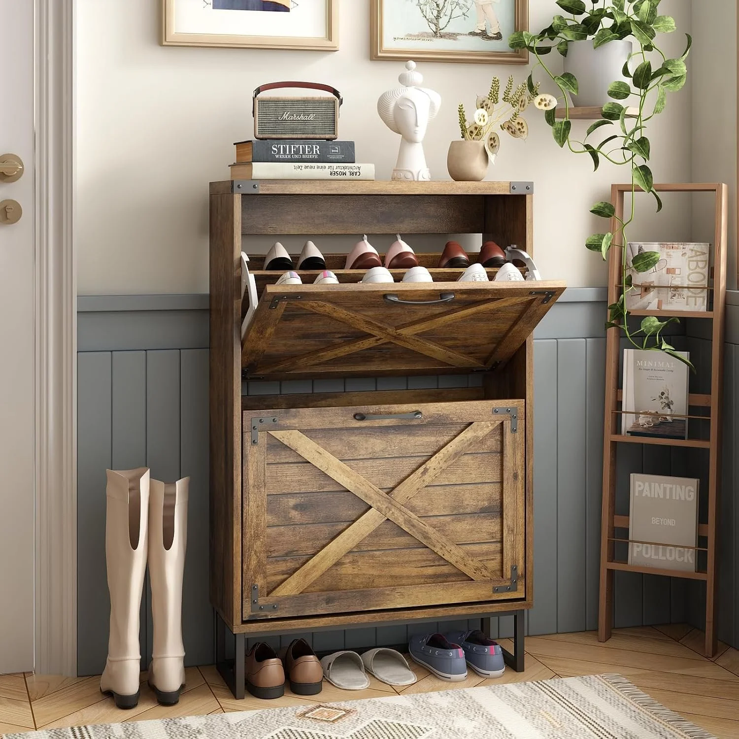 Maupvit 24" W Farmhouse Shoe Cabinet Storage for Entryway, Freestanding Organizer with 2 Flip Drawers, Narrow Shoe Rack Cabinet with Metal Corner Decoration, Rustic Brown