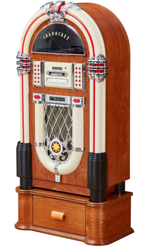 A vintage-style jukebox with wood veneer finish, chrome and cream accents, and a curved top, labeled "ARKROCKET."