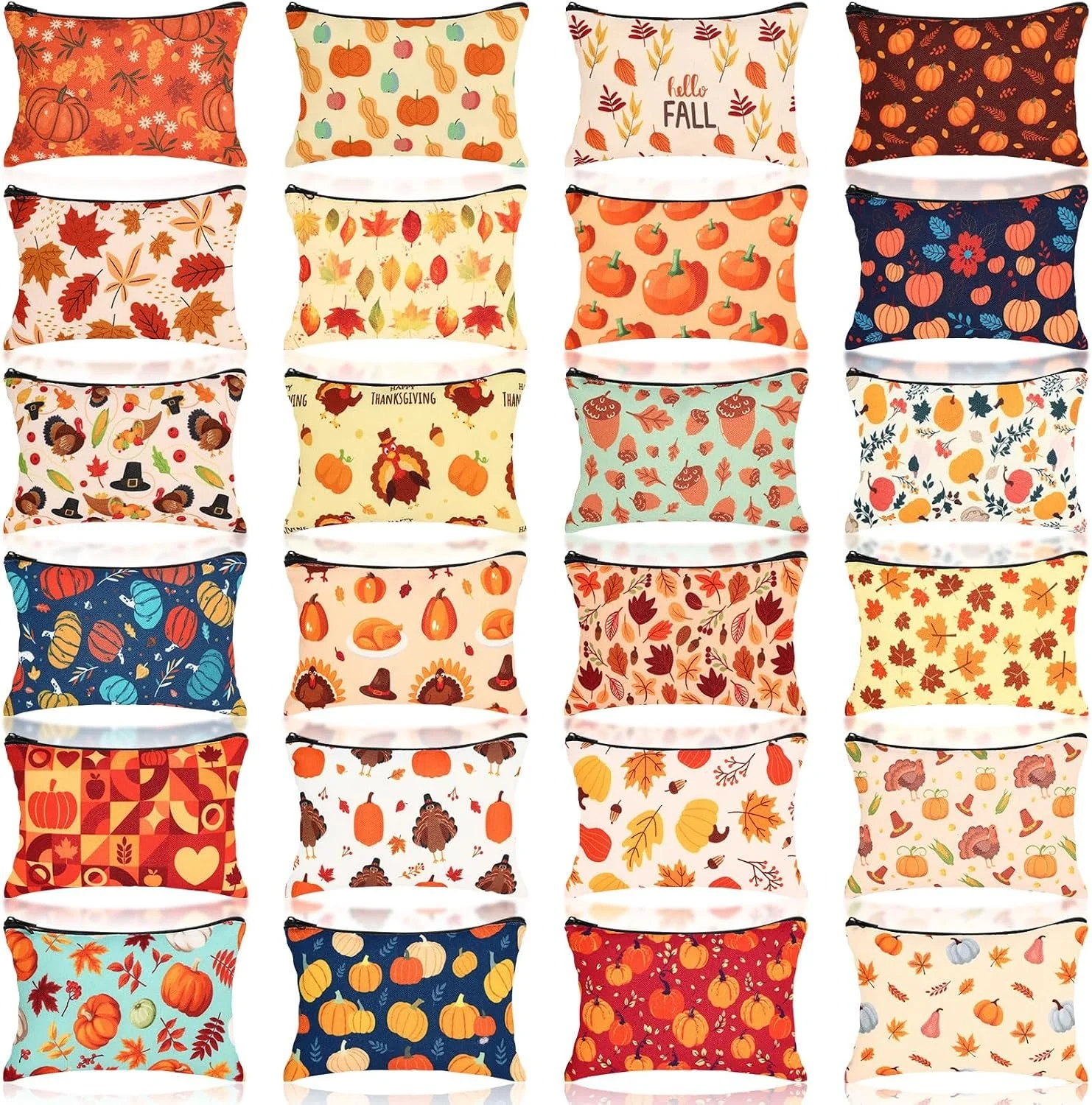 24 Pcs Fall Makeup Bags Gift, Thanksgiving Day Cosmetic Bag Bulk | Pumpkin Maple Leaf Turkey Autumn Pouch, Portable Storage Zipper Pouch for Women Travel Purse Toiletry Organizer Party Favor