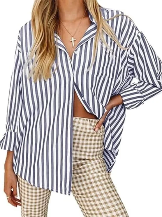 Womens Striped Shirts Long Sleeve Button Down Blouses Loose Fit Casual Tops | Lightweight, Collared, Dressy, Work, Office, Fall Spring Fashion