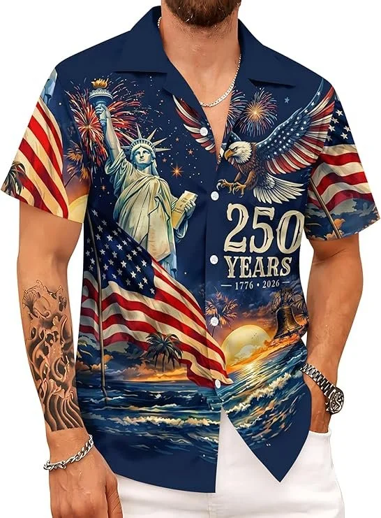 Mens Hawaiian Shirt America’s Anniversary 250th 1776-2026 Patriotic Independence Day Short Sleeve Button Down