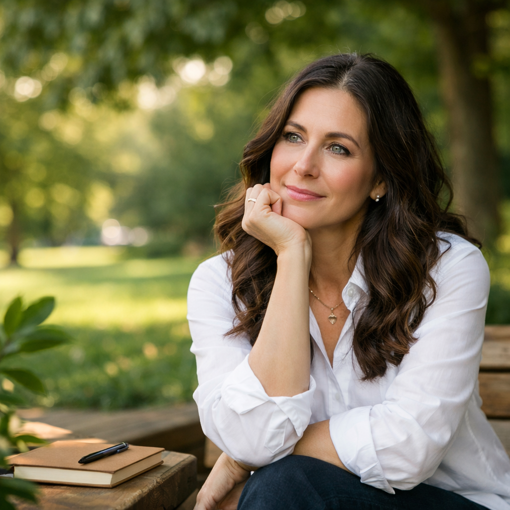 A woman with dark wavy hair, wearing a white shirt, sitting outdoors on a wooden bench, resting her chin on her hand, with a thoughtful expression, in a park with green trees and sunlight filtering through the leaves.
