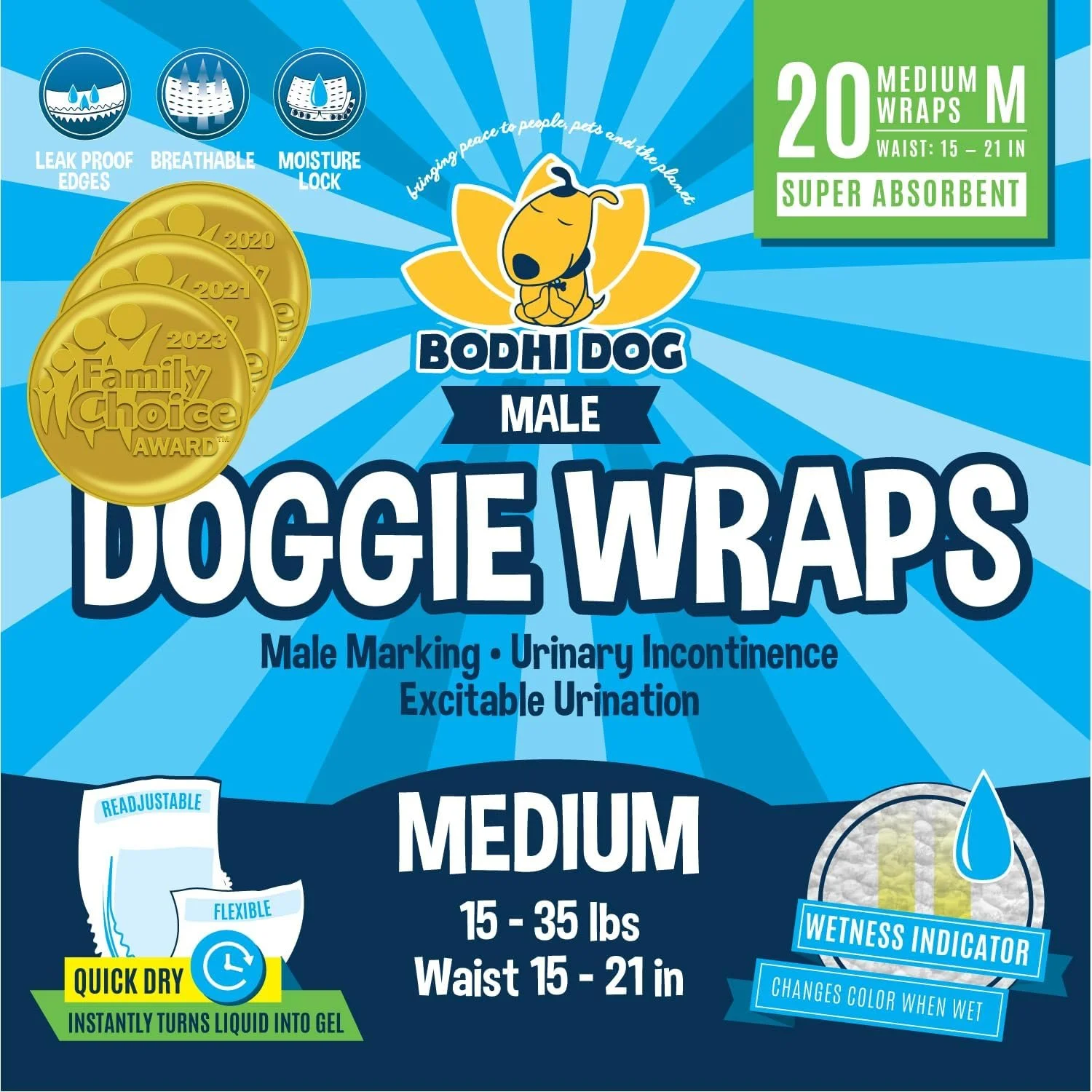 Bodhi Dog Disposable Male Dog Diapers - Super Absorbent, Leak-Proof Pee Wraps - Adjustable Fit, Comfortable Design, Advanced Moisture Control, and Wetness Indicator - Medium (20 Count)

Great for lil pups as well, before they are neutered.