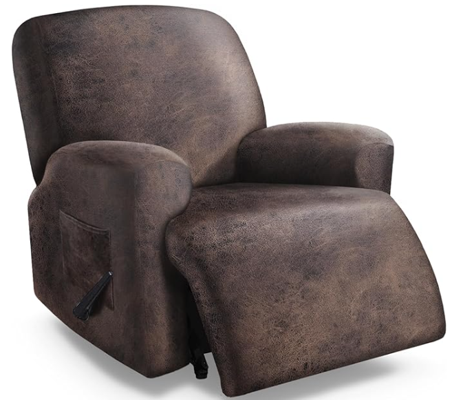 Recliner chair with brown, textured upholstery, featuring a side pocket and a lever for adjusting the seat position.