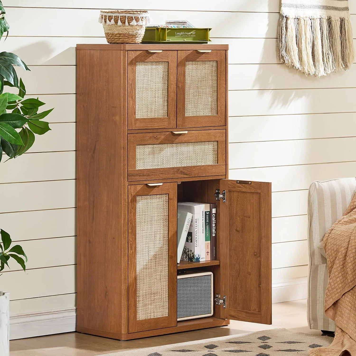 LEYAOYAO 48" Tall Storage Cabinet,Rattan Bathroom Floor Cabinets with 4 Doors & 1Drawer,Boho Kitchen Pantry with Adjustable Shelves,Wooden Cupboard for Living Room,Home Office,Dining,Brown
