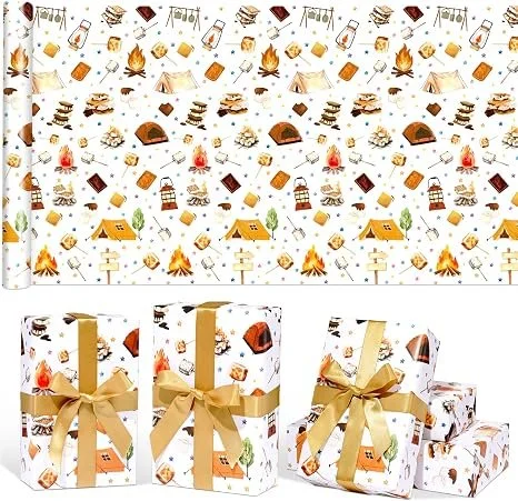 Liobelon Camping Themed Gift Wrapping Paper Roll - 17'' x 16.4ft S'mores Marshmallow Campfire Tent Designs | Birthday Party Decor for Outdoor Enthusiasts, Holiday Gifts, DIY Crafts