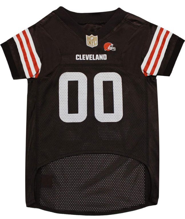 Black Cleveland Browns football jersey with the number 00, NFL logo, team name, and orange and white striped sleeves.