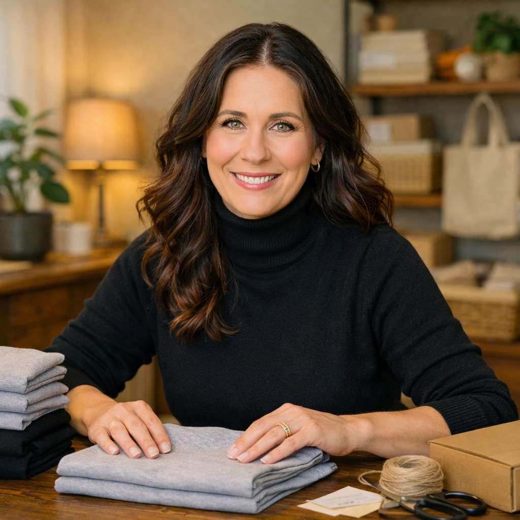 A woman with dark wavy hair and a black turtleneck sitting at a table with folded gray and black fabric, a box, scissors, and twine, smiling in a warmly lit room with shelves and plants in the background.