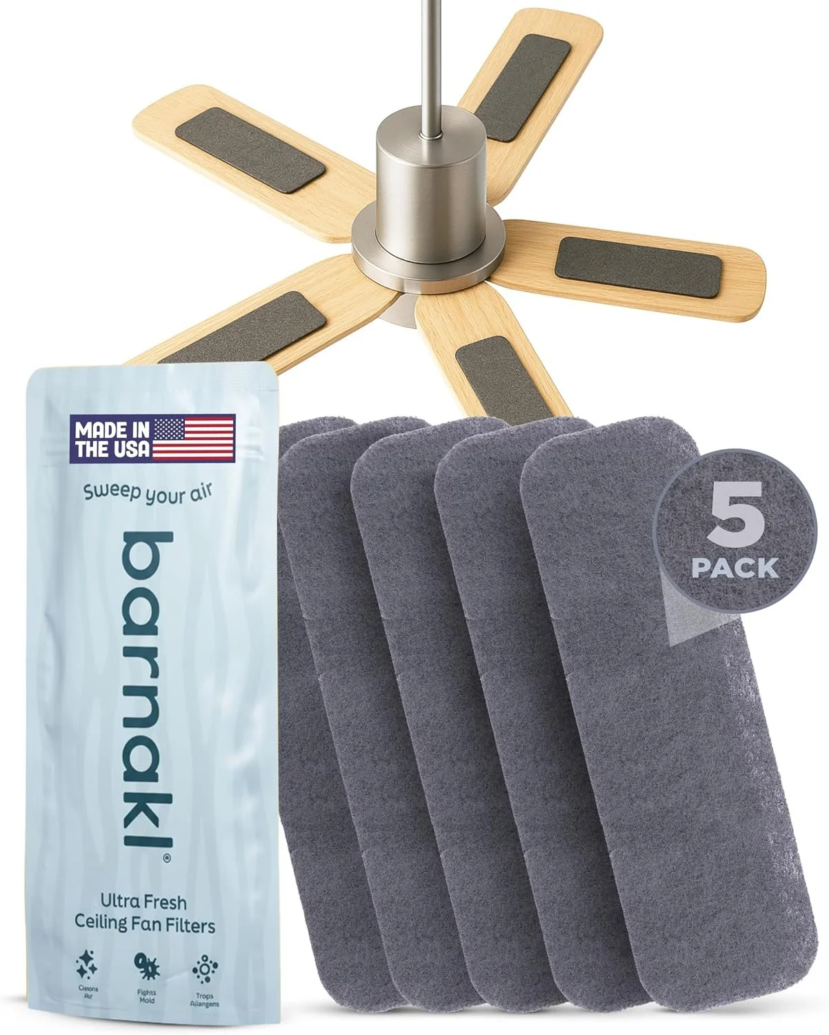 Barnakl Ultra Fresh Ceiling Fan Filters for Blades, Allergy & Dust, 5 Pack | Zeolite & Coconut Carbon, Allergy Relief, Traps Allergens, Dust, Mold & Odors, Odorless, Easy-Stick Universal Fit