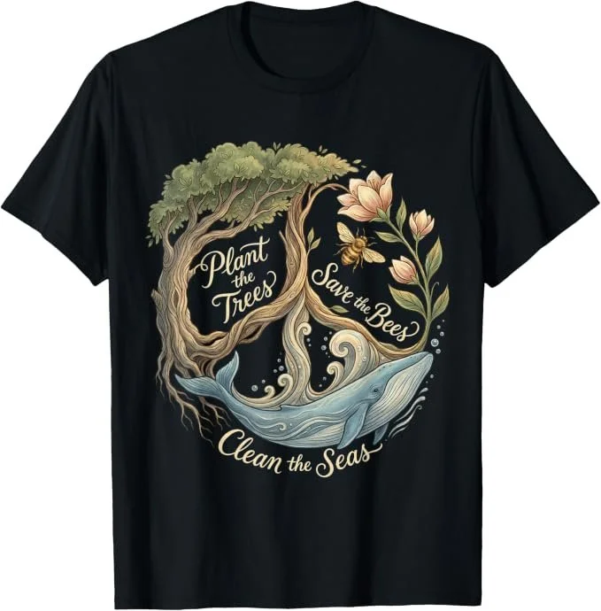 Plant The Trees Save The Bees Peace Sign Earth Day Tee T-Shirt for Women Men Teachers Kids
