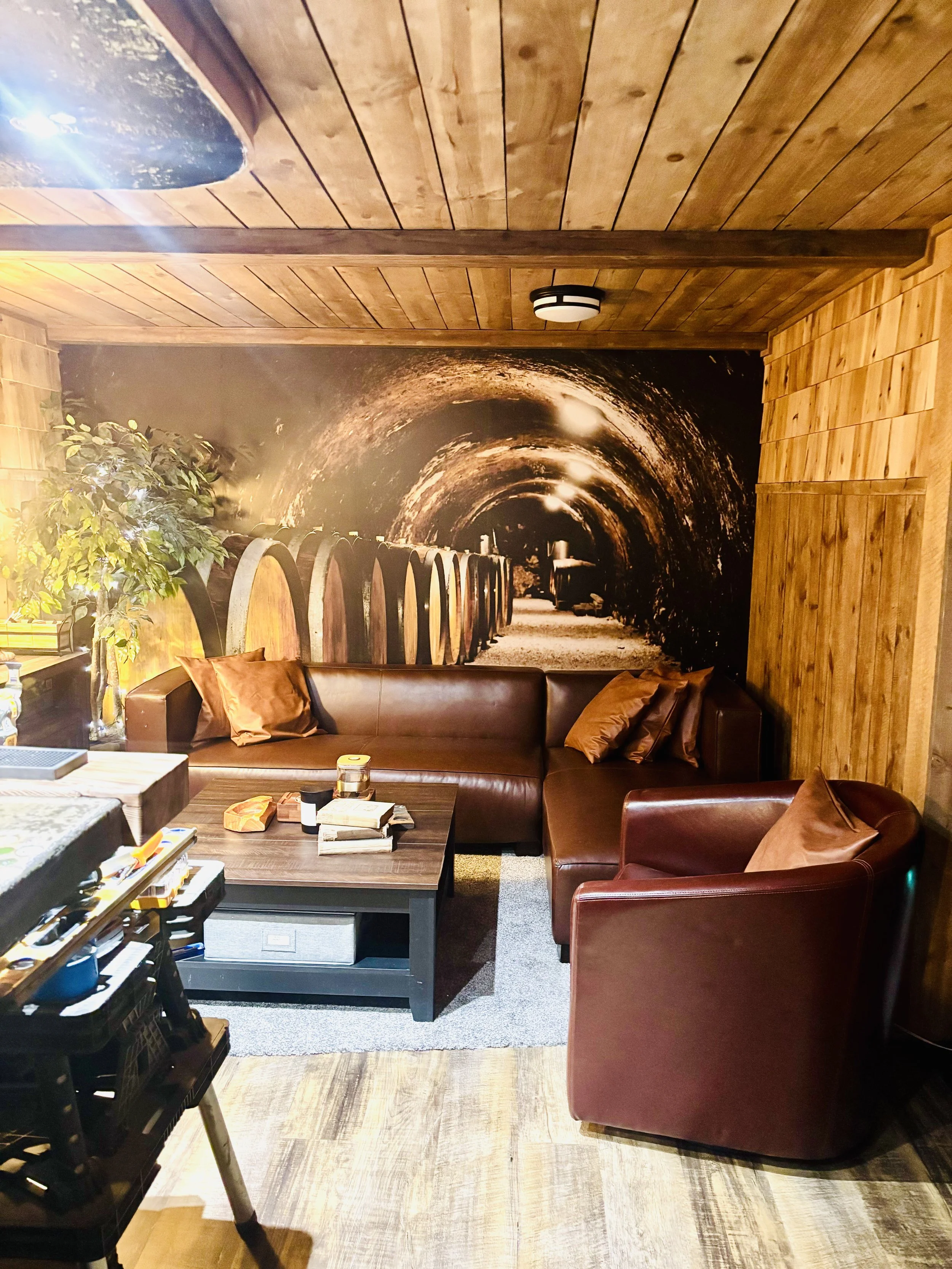A cozy indoor room with wooden walls and ceiling, featuring a large mural of a tunnel with barrels inside, a brown leather sofa with pillows, a wooden coffee table with books and items, a potted plant, and a ceiling light.