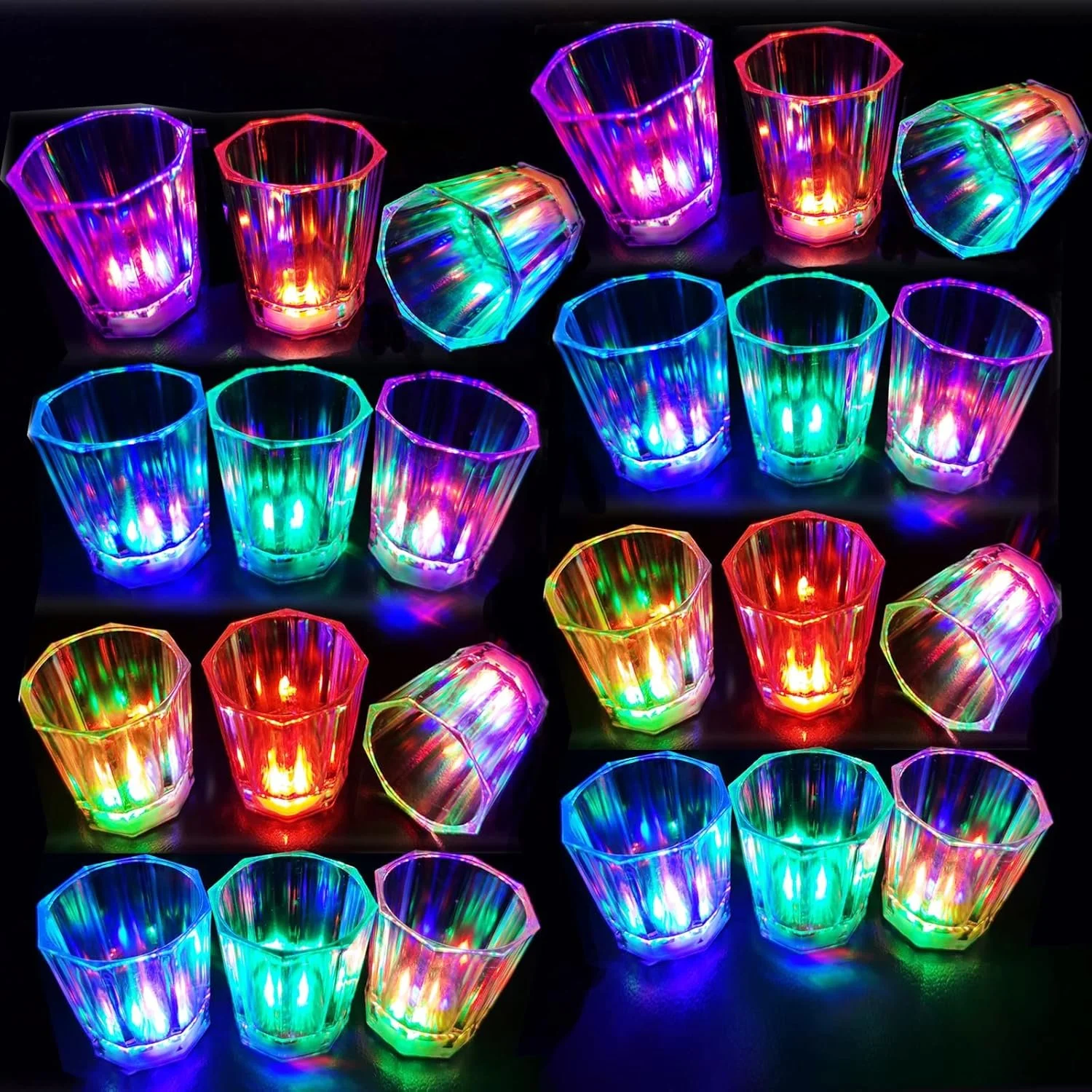 24P Light Up Shot Glasses for Adult Birthday/Bachelor Party Favors | Bulk Glow in the Dark Party Drinking Cups for Guest with LED Flash, Fun Color Changing Set for College/21th Birthday Party