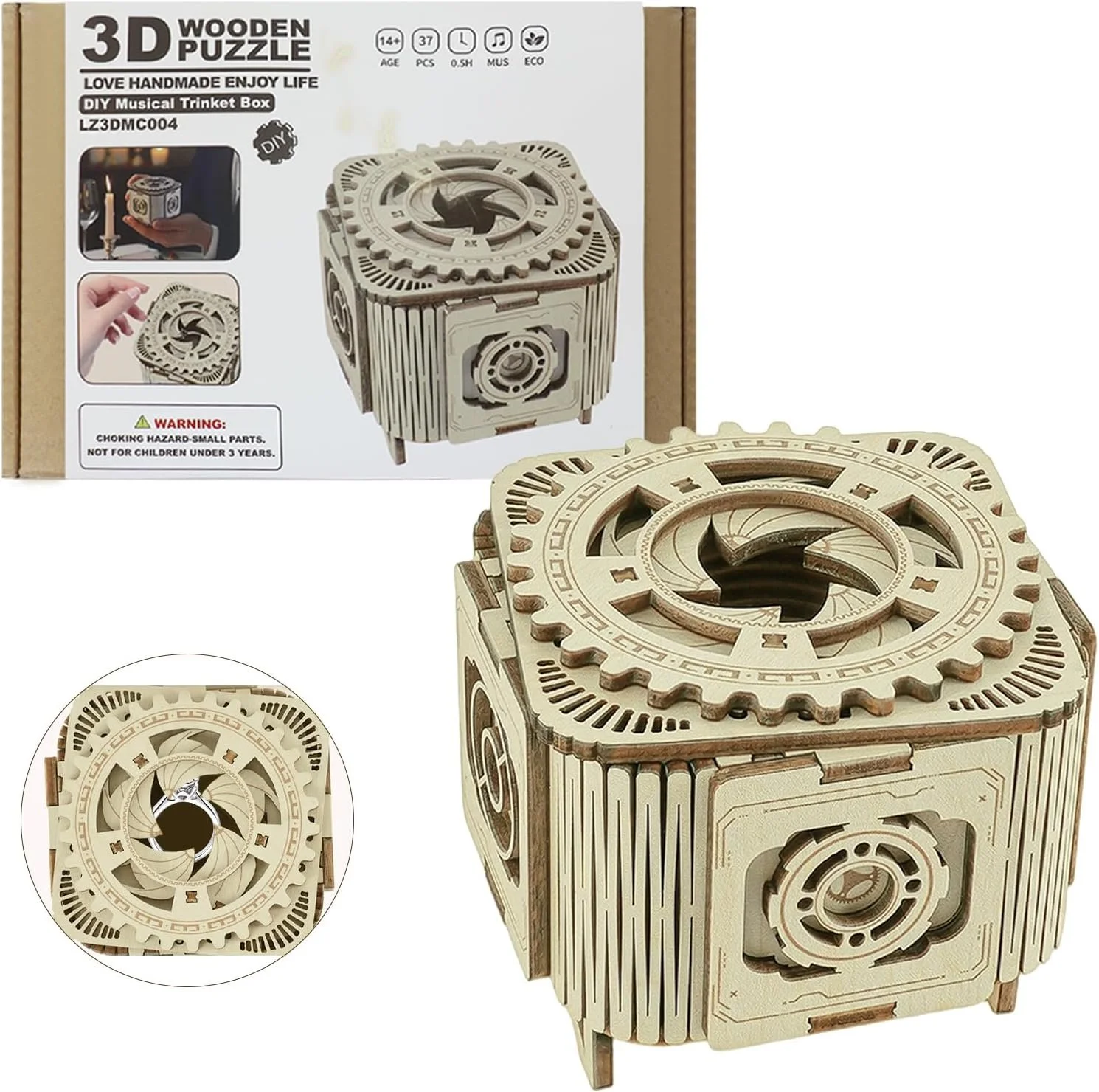 3D Wooden Puzzles Music Box for Adults, Mechanical Jewelry Storage Box, Wooden Ring Box Model Kits, Unique Gifts for Birthday, Anniversary, Mother's Day, Wedding