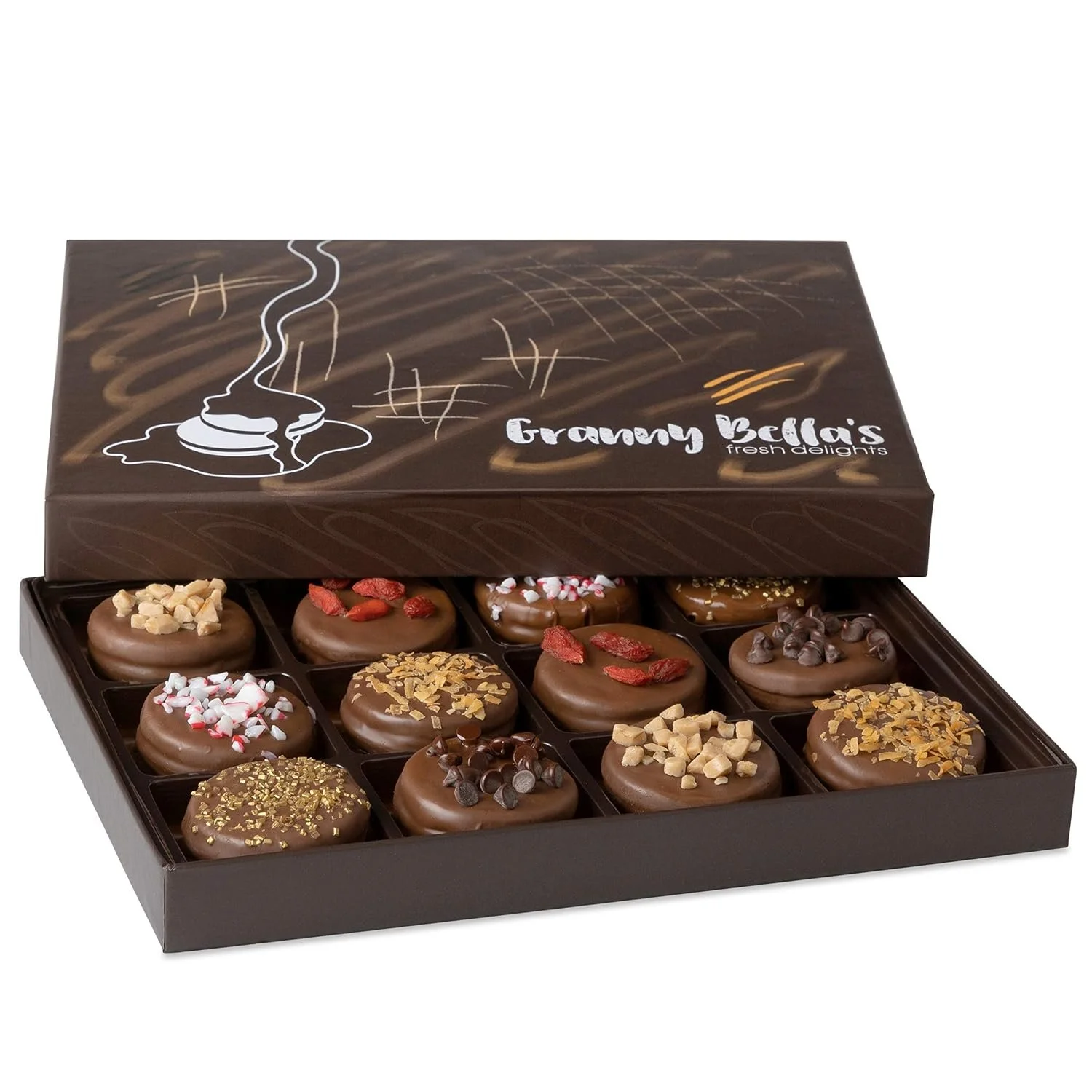 Granny Bellas 12 Chocolate Covered Cookies, Gift Basket for Him, Her Gourmet Candy Spring Baskets Treats Gifts Box for Food Delivery for Mother, Mom, Wife, Grandmother, Grandma, Daughter, Sister