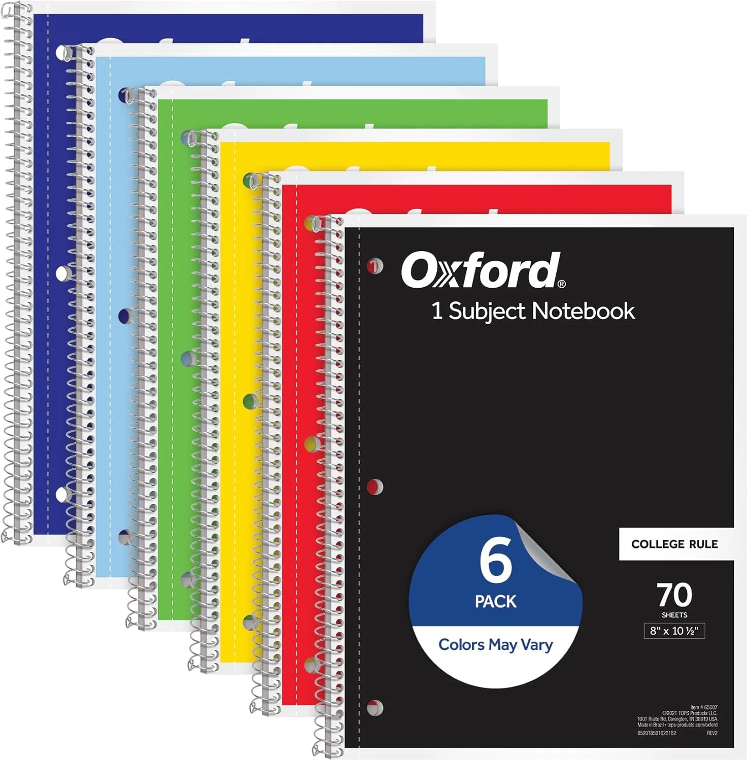 Oxford Spiral Notebook 6 Pack, 1 Subject, College Ruled Paper, 8 x 10-1/2 Inch, Color Assortment Design May Vary (65007)