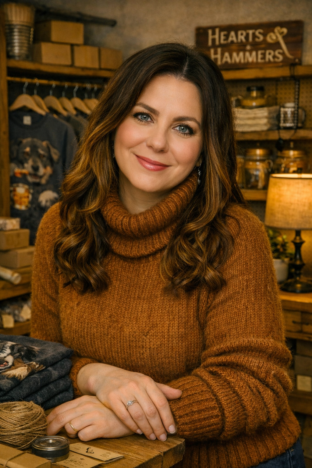 A woman with long brown hair and blue eyes smiling, wearing a brown turtleneck sweater, sitting in a cozy rustic store or craft shop with wooden shelves, a sign that reads 'Hearts & Hammers,' and various crafts and decorations in the background.