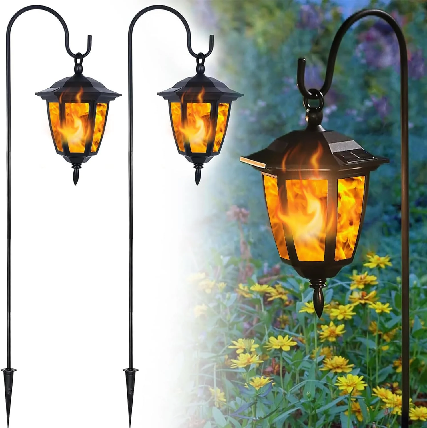 2 Pack Solar Flame Hanging Lights Outdoor, Halloween Solar Flickering Flame LED Garden Lanterns with 2 x 38 Inch Shepherd Hooks, Christmas Lighting for Lawn Patio Yard Pathway Driveway