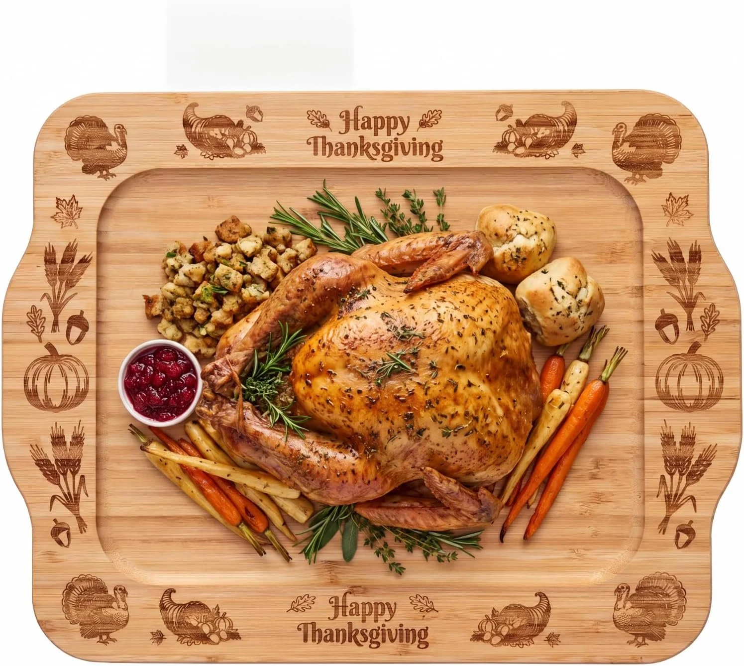 Thanksgiving Large Charcuterie Board Large Bamboo Serving Tray | 14.96 x 11.61 in Turkey Pumpkin Cornucopia Design, Happy Thanksgiving Wooden Platter for Fall home Table Decor Holiday Gift