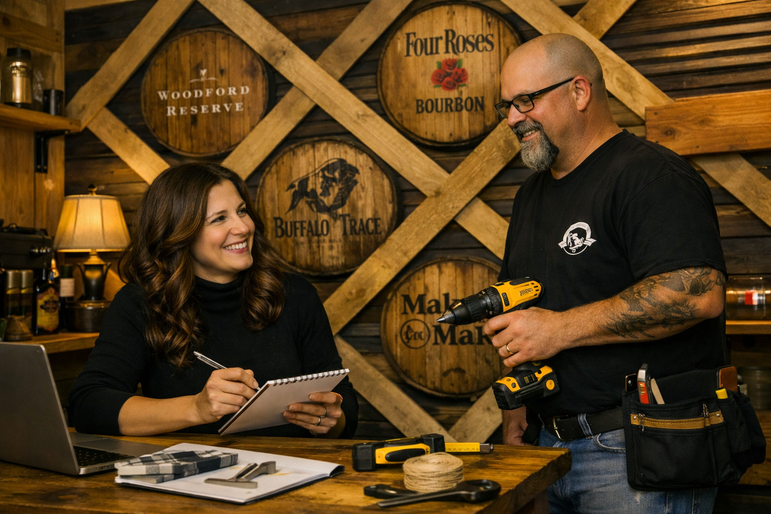 A woman with brown hair smiling and holding a notepad, sitting at a wooden table with a laptop and tools, talking to a man with a beard, glasses, and tattoos, holding a power drill, in a rustic wood-paneled workshop with wall art of bourbon barrels.