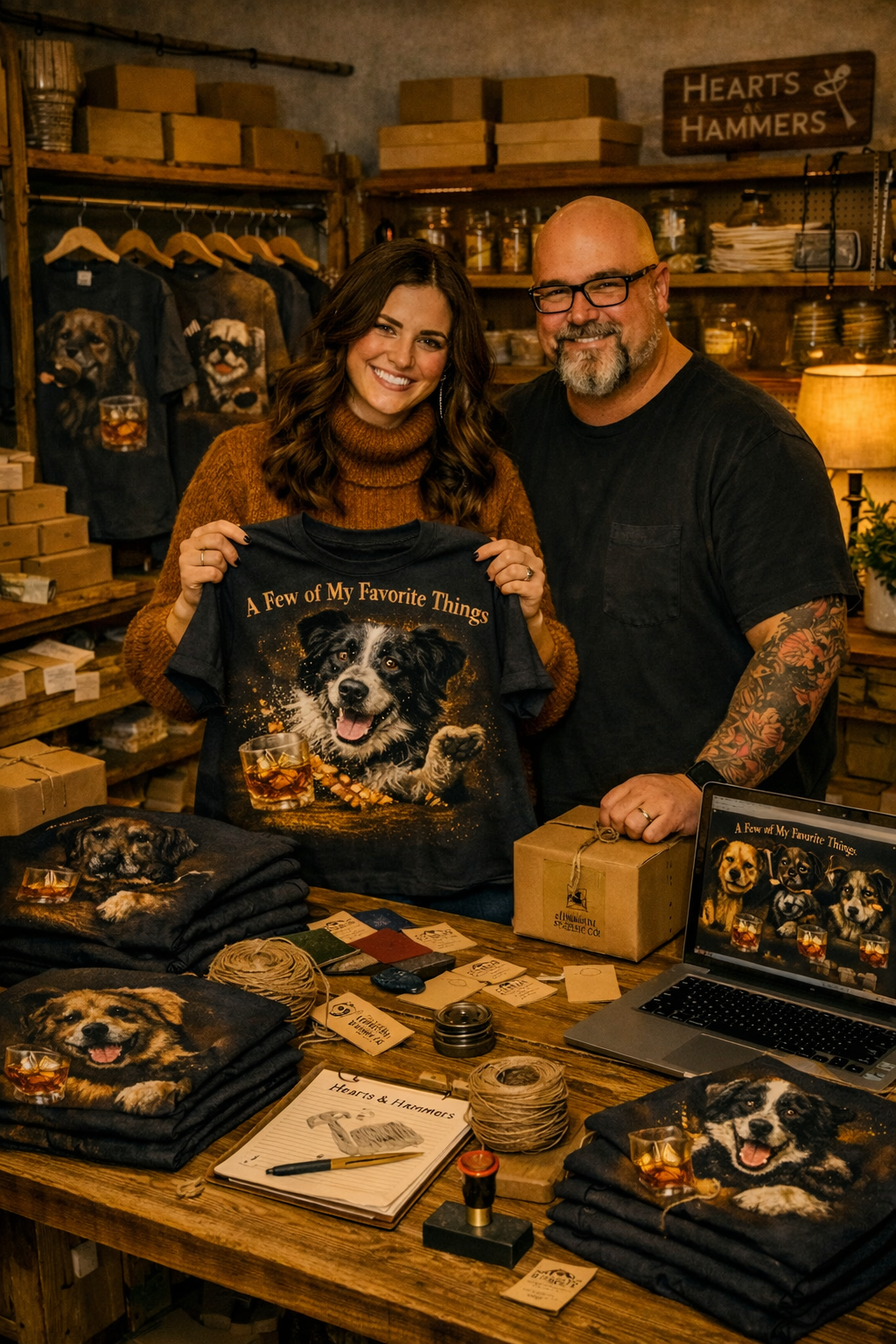 A woman and a man are smiling and holding a T-shirt with a dog's image and the text "A Few of My Favorite Things". The table in front of them displays more T-shirts with dog images, a laptop, and various merchandise, inside a cozy store with wooden shelves, boxes, and shirts with dog prints.
