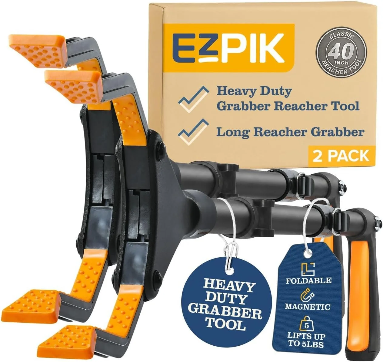 EZPIK Classic 40” Folding Grabber Reacher Tool with Dual Magnets, Heavy Duty Trash Picker Upper Grabber for Seniors & Disabled Users, Aluminum Pickup Tool for Everyday Reaching Aids (Black, 2 Pack)