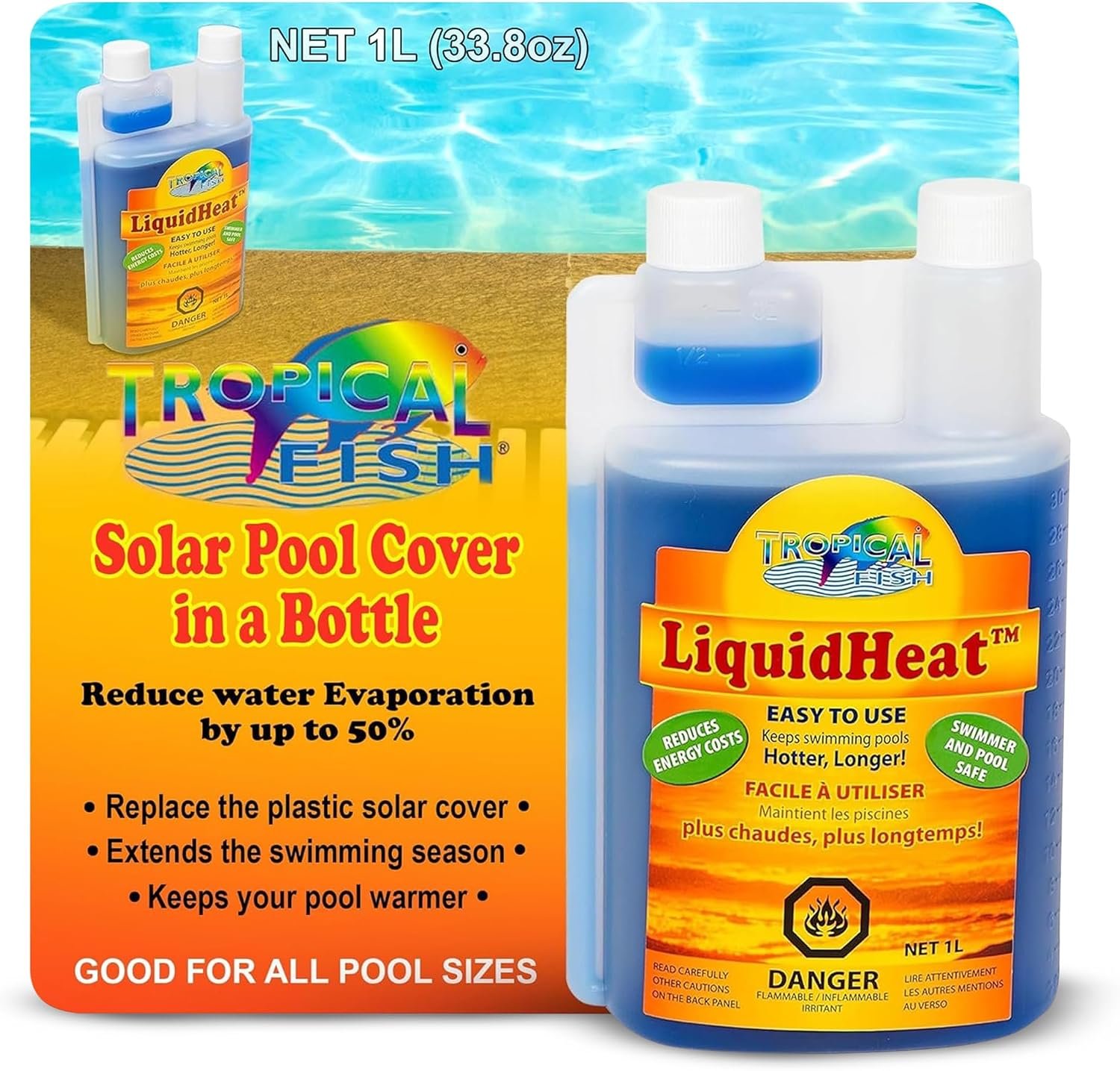 TROPICAL FISH LIQUID SOLAR BLANKET - Liquid Heat - Solar Pool Cover in a Bottle -Reduce Evaporation, Conserve Heat- 1L(33.8oz)