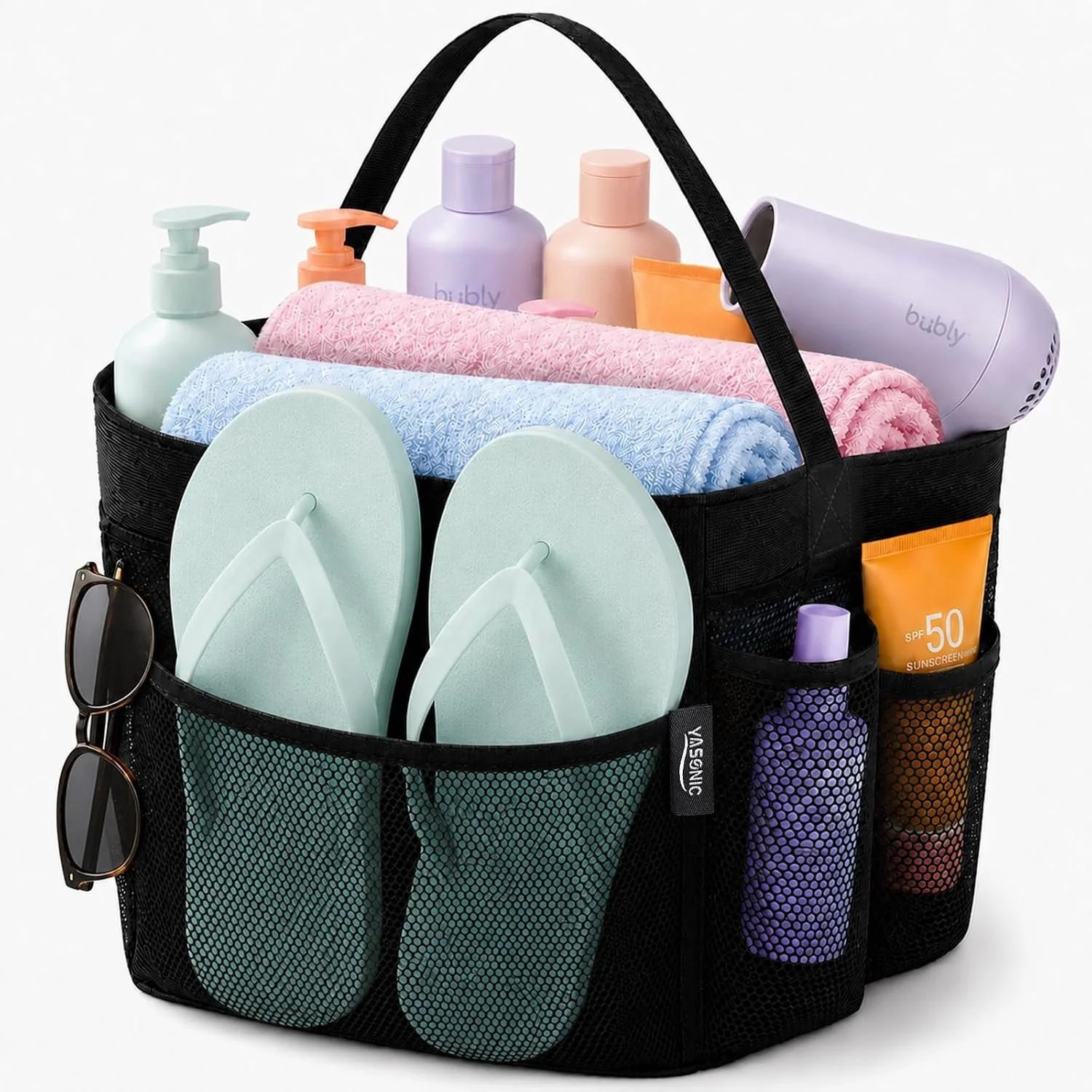 Mesh Shower Caddy Portable for Dorm College Room Essentials, 8-Pocket Large Shower Bag with Single Handles, Hanging Shower Basket for Beach, Swimming, Bathroom, Beach, Black