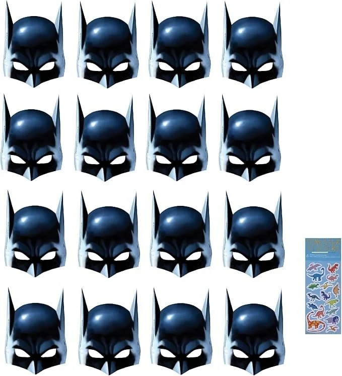 Unique Batman Super Hero Birthday Party Supplies Favor Bundle includes 16 Party Paper Masks with 1 Dinosaur Sticker Sheet