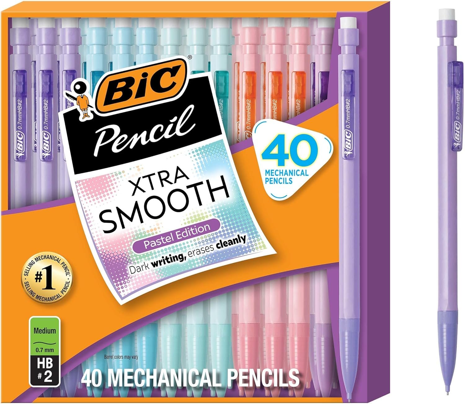 BIC Xtra-Smooth Mechanical Pencils, 0.7 mm Medium Point, 40-Count | No. 2 Lead Resists Smudging and Erases Cleanly, Smooth Reliable Writing, Pastel Barrels, Bulk Pack for Students and Teachers