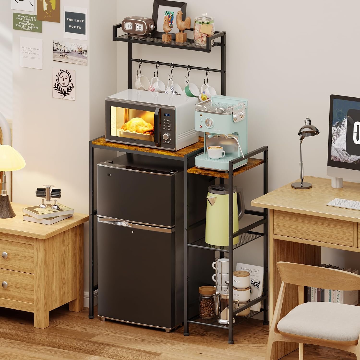 Over Mini Fridge Storage Shelf Fridge Stand for Dorm with 5 Lockable Hooks
Kitchen Bakers Rack, Coffee Bar, Microwave Oven Stand, Wine Cabinet, Refrigerator Stand for Apartment, Living Room, Office