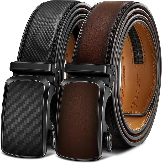 BULLIANT Men's Ratchet Leather Belt Trimmable 2Pack 1 3/8"-Gift Boxed | Smooth Sliding | Precise Fit | Tailored Size | Holeless for Dress or Casual