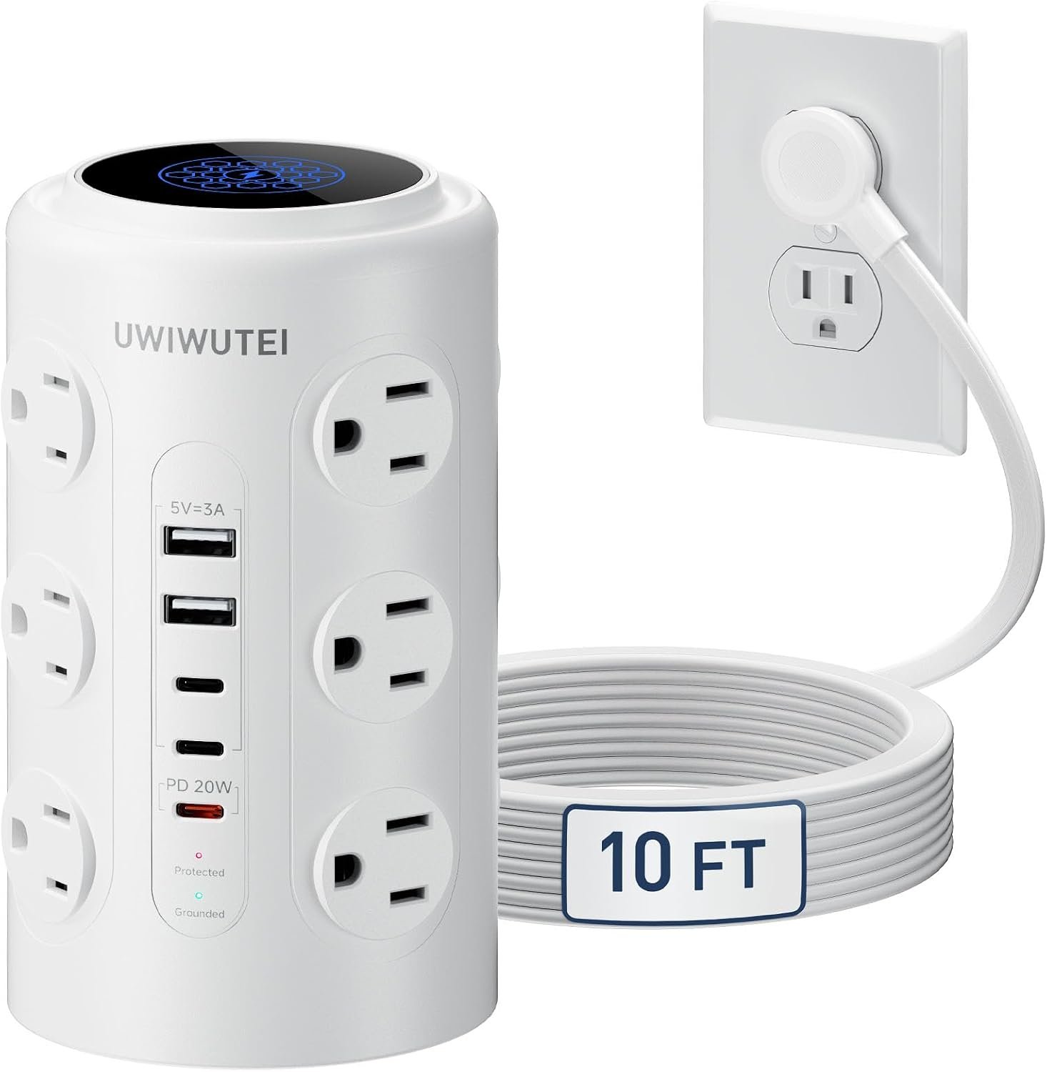 10FT Tower Power Strip with Dedicated 20W PD USB-C Port
12 Widely‑Spaced AC Outlets & 5 USB Ports, Flat Plug, Extension Cord, Desk Charging Station for Home, Office & Dorm, White