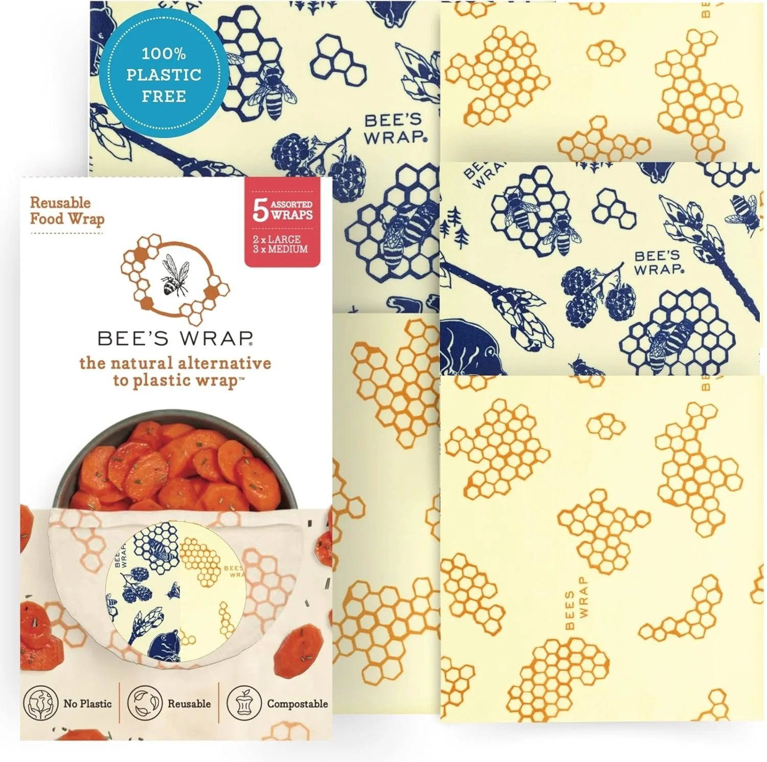Bee's Wrap Beeswax Food Wraps, 5 Pack Assorted - Honeycomb & Bees & Bears | 2 Large & 3 Medium - Organic Beeswax Wraps - Plastic Free - Reusable Food Storage - Cheese, Produce & Leftovers - Made in USA