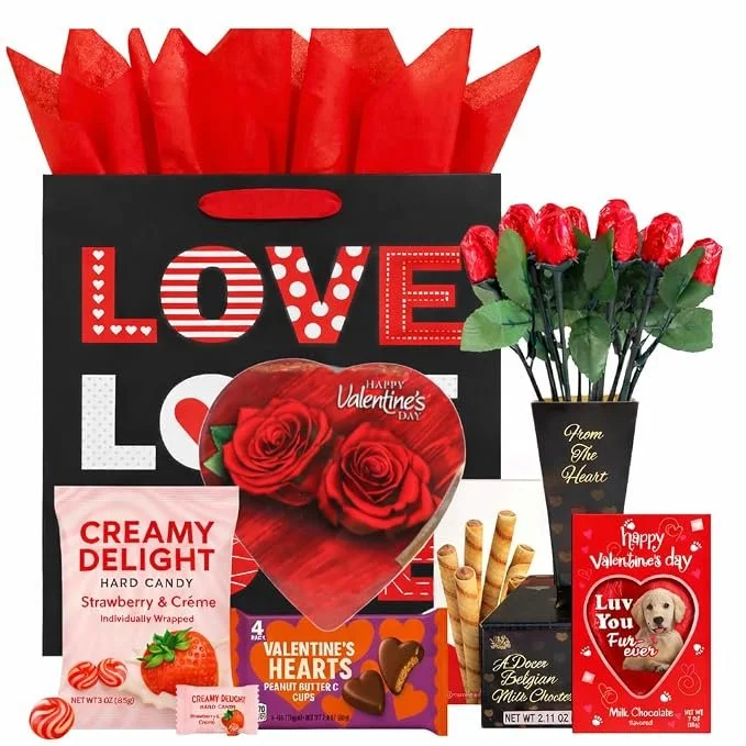 
Click to see full view
Valentines Gift Basket with Chocolate Candy Assortment, Romantic Gift Set with Heart-Shaped Rose Box For Him Her
