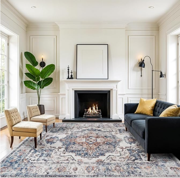 Living room with white walls, fireplace, large green plant, two beige chairs, a black sofa with yellow pillows, and a patterned area rug.