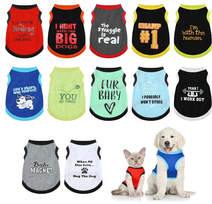 Collection of colorful dog shirts and two dogs, one kitten, all in harness or clothing, with playful texts.