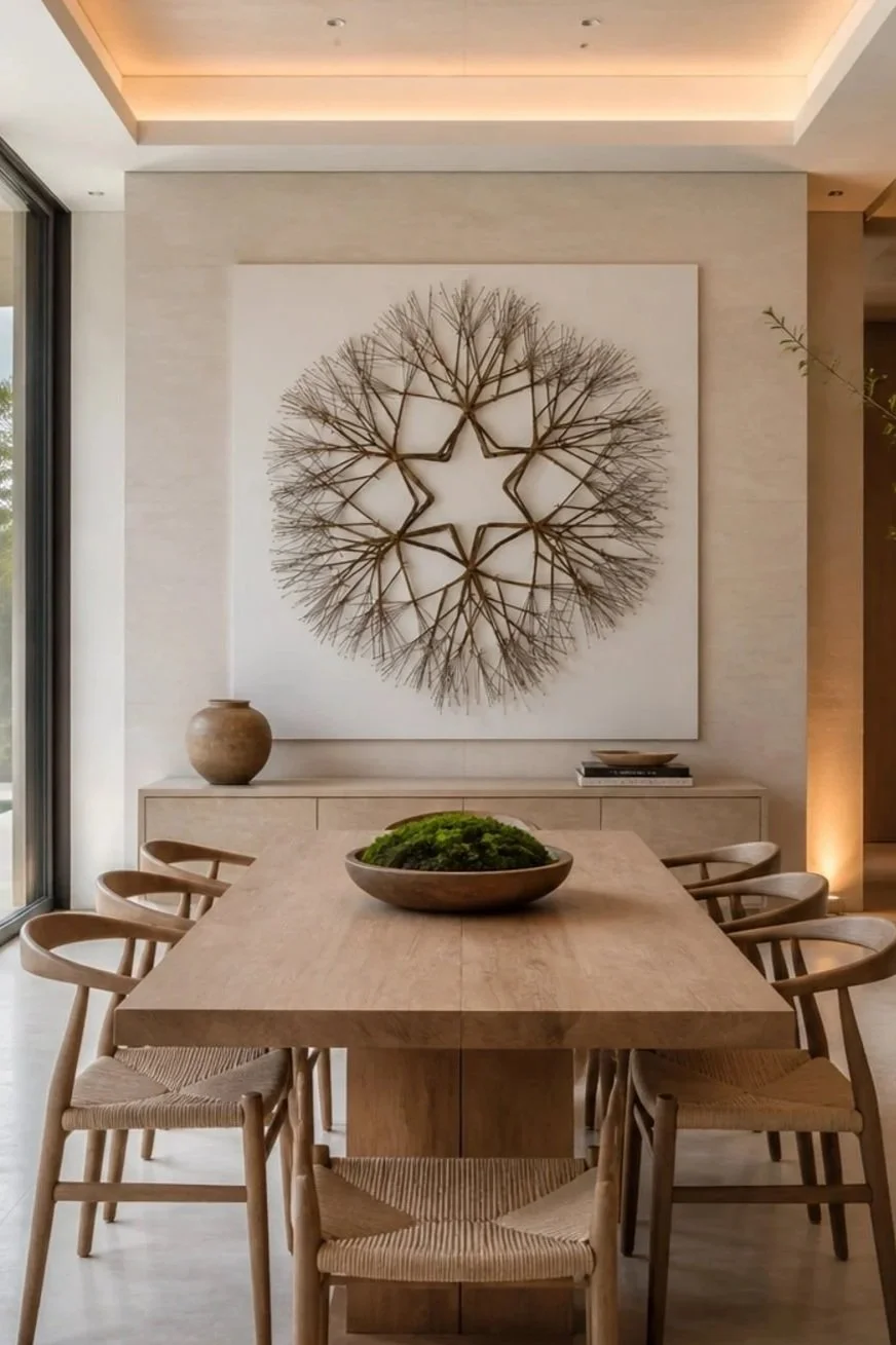 Modern dining room with a large wooden table, six wooden chairs with woven seats, a decorative bowl of greenery, a white wall with metal tree art, and a sideboard with a vase and books. Large glass window on the left.