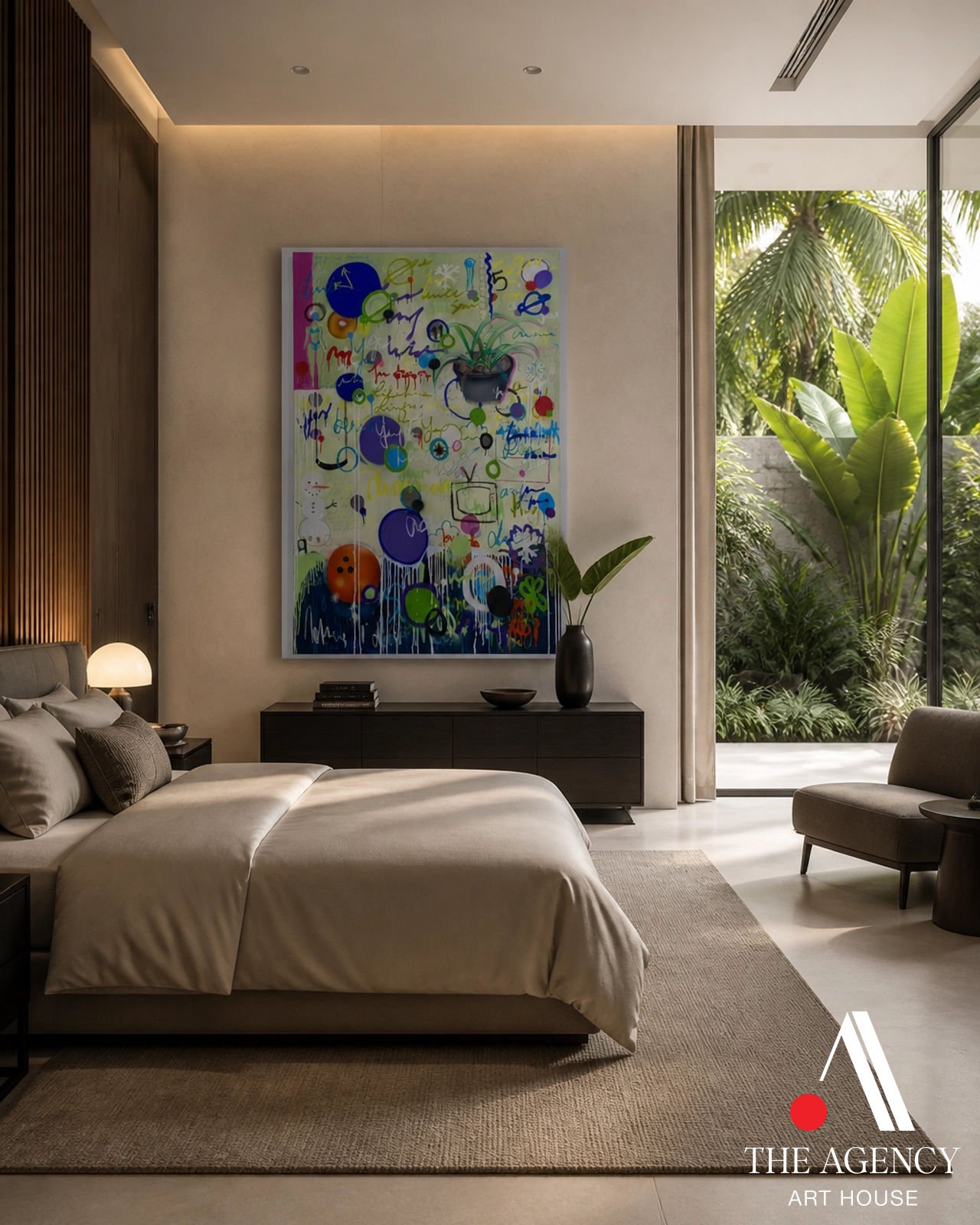 Modern bedroom with a large, abstract colorful painting on the wall, a bed with beige bedding, a dark wood side table with a white lampshade, a black dresser with decorative items, a tall black vase with green plants, and a large floor-to-ceiling glass window showing lush green tropical plants outside.