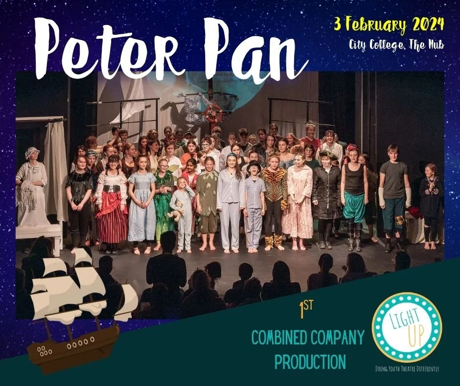 Group of children in costumes on stage during theatrical production of Peter Pan at City College, The Hub, on February 3, 2024.